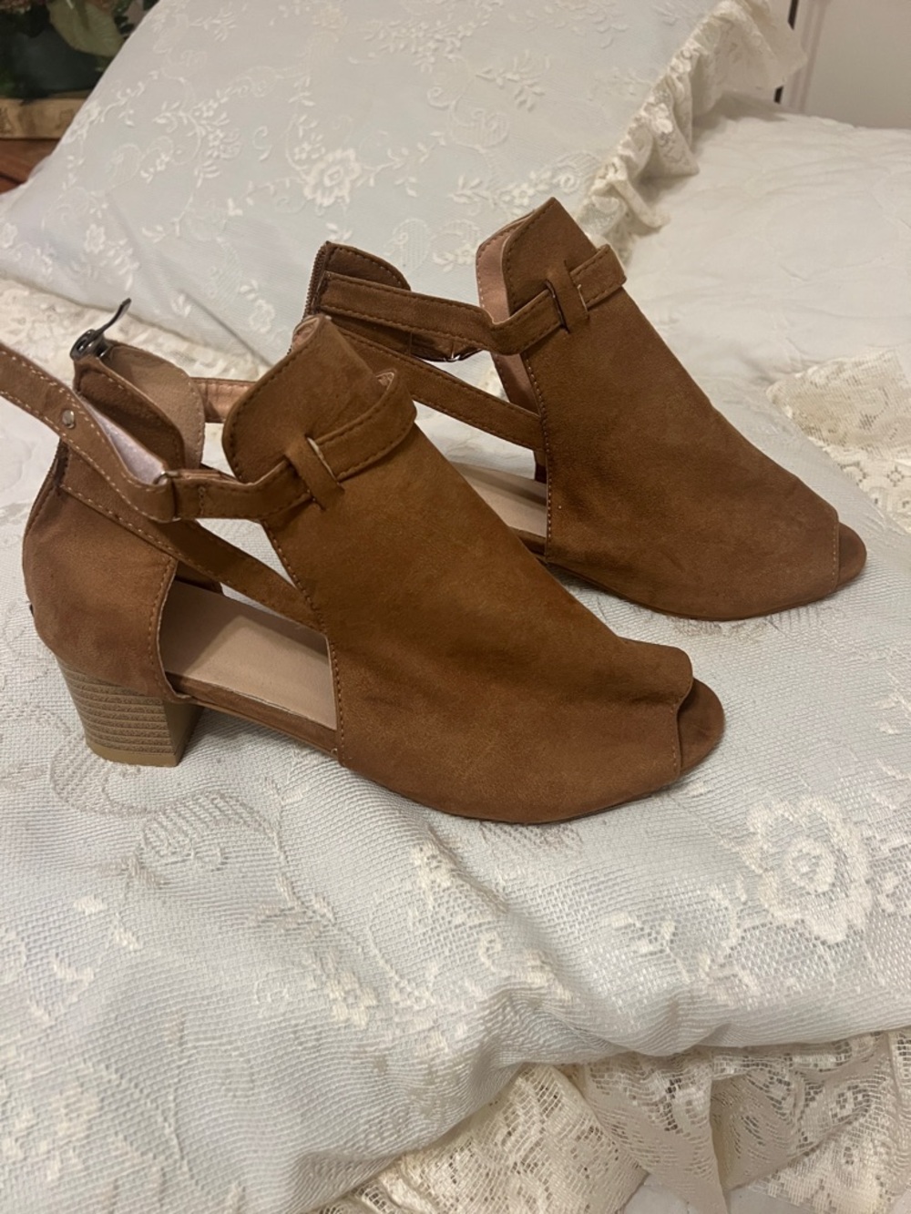 Brown Suede Peep-Toe Block Heel Sandals